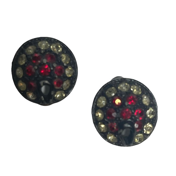 Vintage Bronze Button Clip Back Earrings w/faux Ruby and Amber Rhinestones - Picture 6 of 8